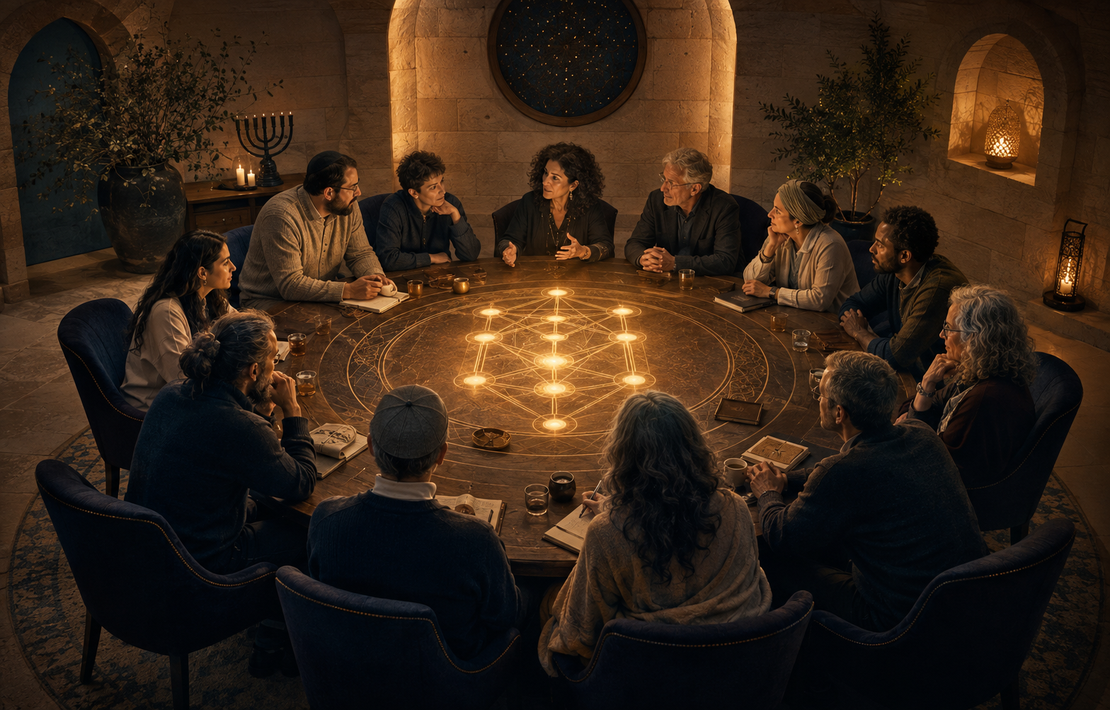 A diverse group in thoughtful conversation around a luminous round table with a subtle Tree of Life pattern